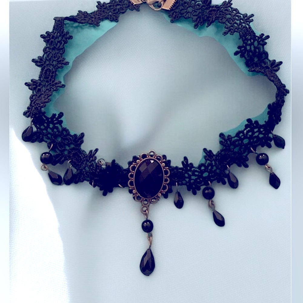 Black Lace Jewel Choker Necklace, Steampunk, Goth,‎ Punk, Halloween, Trendy - Picture 7 of 8